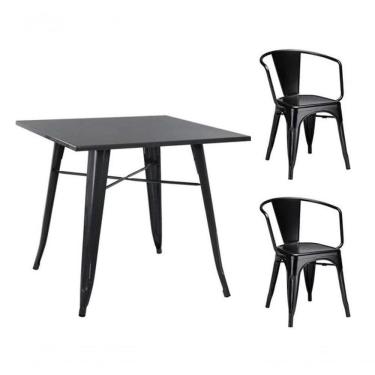 Imagem de Mesa Tolix 80cm + 2 Cadeiras Com Braço Conjunto Industrial Preto Para Bar Ou Café