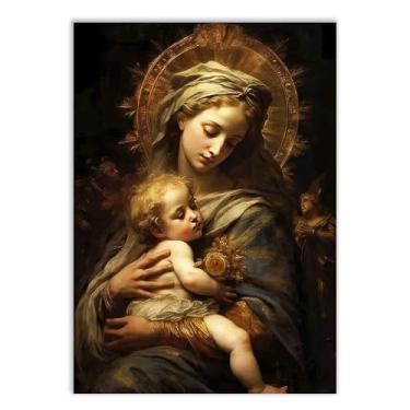 Imagem de Placa Decorativa Religioso Nossa Senhora Ilustração Jesus Bebe Decoração Poster Quarto Sala