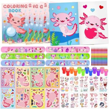 Imagem de Cinrobiye Conjunto de 72 peças de lembrancinhas de festa de axolotl, livros de colorir axolote com adesivos de giz de cera, pulseiras, carimbos, festas de aniversário de anfíbios, recompensas em sala