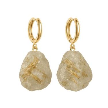 Imagem de Brinco de Argola Quartzo Rutilo - Cristal Natural, Banho Ouro 18k