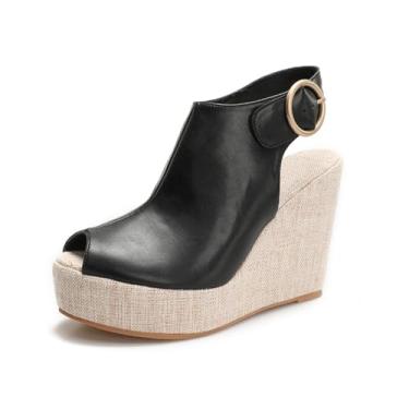 Imagem de qibusleen Sandália feminina redonda com plataforma peep toe, alpargata, 11 cm, salto alto, tira no tornozelo, sapatos femininos confortáveis de verão, sandálias casuais de praia, Fivela preta no