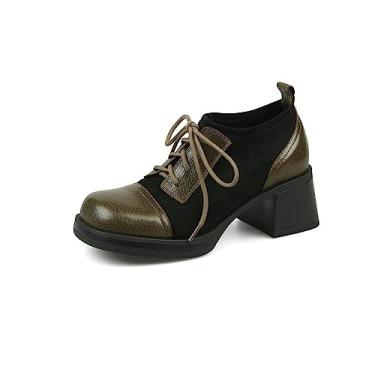 Imagem de TinaCus Sapato feminino de couro legítimo feito à mão com cadarço e bico quadrado plataforma salto médio, Preto/Verde, 36