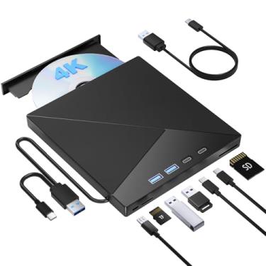 Imagem de Unidade Blu-Ray externa 7 em 1, gravador Blu-Ray 4K com USB 3.0 Tipo-C portátil Blu-Ray, gravador de CD DVD Player 3D BD com portas SD/TF, unidade óptica 4K compatível com laptop Windows MacOS Desktop