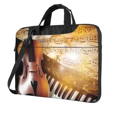 Imagem de Capa para laptop com notas musicais de piano violino à prova de choque capa protetora para notebook bolsa portátil para laptop bolsa à prova d'água, Preto, 14 inch