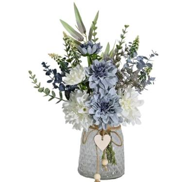 Imagem de Arranjo de flores artificiais com vaso de vidro, buquê de dália branca e cinza, centro de mesa de fazenda com coração decorativo