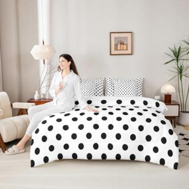 Imagem de Manfei Conjunto de cama de bolinhas pretas em uma bolsa, 7 peças, estilo francês, desenho fofo, círculos geométricos, preto e branco, arte simples, edredom com elástico, lençol de cima, fronha