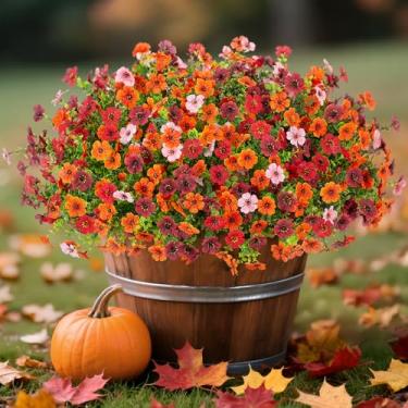 Imagem de Ammyoo Flores artificiais de outono para atividades ao ar livre em vaso, 12 pacotes de margaridas falsas de outono com folhas de eucalipto realistas, plantas falsas para vegetação, buxo, varanda