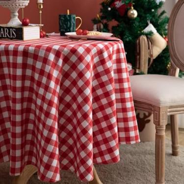 Imagem de HAIRUO Toalha de mesa de algodão e linho, cor xadrez, quinta, mesa de jantar, Natal, piquenique, vermelha, redonda, 139 cm