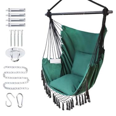 Imagem de PIRNY Cadeira de rede pendurada com corda giratória, máx. 226 kg, cadeira grande para pendurar com bolso, 2 almofadas, barra de aço removível, kit de ferragens incluído, conforto superior para