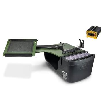 Imagem de AutoExec AE-RDBS-PI-PS-AG Reach Car Desk para sua estação de trabalho de veículos e escritório móvel, banco traseiro verde exército com inversor de potência de 400 watts e suporte de impressora