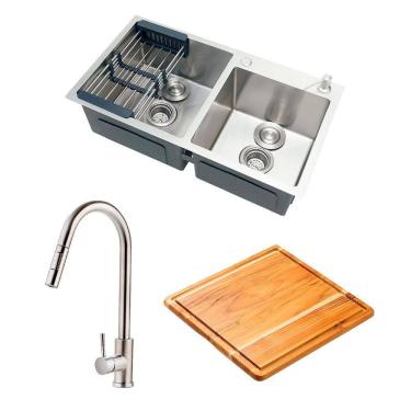 Imagem de Kit Cuba para Cozinha com Tábua de Corte Awá e Torneira Misturador Monocomando em Aço Inox Iriri - Prata