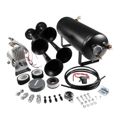 Imagem de Kit de buzina de trem 12V 4 trompetes, 150 psi, sistema de bordo completo, compressor de ar de 150 psi, tanque de ar de 1,5 galão, 4 trompetes, serve para qualquer veículo, caminhão, carro,