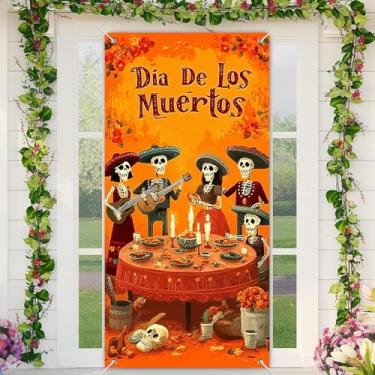 Imagem de BlissYard Capa para porta Dia dos Mortos 188 x 89 cm Decorações de Halloween Dia de los Muertos Banner de porta esqueleto cena de jantar familiar com velas calêndulas decoração de comida mexicana para