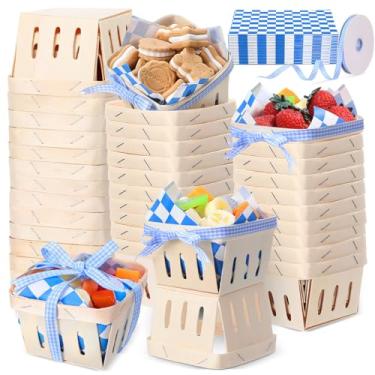 Imagem de Vesici 61 peças/30 conjuntos de cesta de madeira com papel encerado, fita de papel encerado, caixas de madeira ventiladas quadradas, cesta pequena com forro para alimentos, presentes de festa