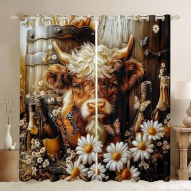 Imagem de Erosebridal Cortina Highland Cow Kids Window Treatments Farm Animal 106,7 cm L x 63 C para meninos e meninas, cortina de janela de vinho de barril de madeira, flores rústicas, cortinas e cortinas
