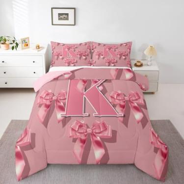 Imagem de jejeloiu Conjunto de cama com laço rosa para meninas, conjunto de edredom com laço fofo, tamanho casal, letra K, monograma, decoração de quarto, laços kawaii, 3 peças com 2 fronhas
