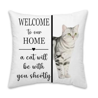 Imagem de LiTiu Capa de almofada engraçada American Shorthair, presentes para mãe e senhora, capas decorativas para sofá, sala de estar, varanda, bem-vindo à nossa casa, um gato estará com você em breve, 45,7 x