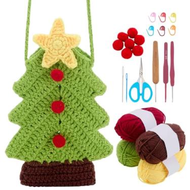 Imagem de WEBEEDY Kit de bolsa de crochê para árvore de Natal, kit de confecção de bolsa transversal para iniciantes com tutorial passo a passo, fios e ferramentas, presente feito à mão para mulheres em festas