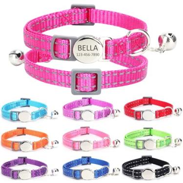Imagem de Coleira refletiva de gato gravada personalizada com nome e número de telefone, fivela ajustável personalizada e coleiras de identificação de sino para gatinhos e gatos