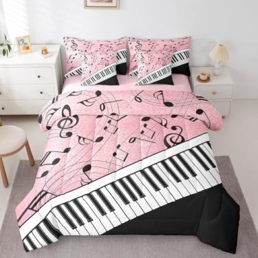 Imagem de Manfei Conjunto de cama solteiro com 7 peças de notas musicais, chave de piano preto e branco, tema musical, rosa, com glitter, edredom e fronhas, decoração de quarto de crianças