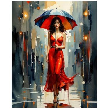 Imagem de Kit Lady in Red Paint by Numbers para adultos - DIY Mulher com pintura de guarda-chuva em tela 40,6 x 50 cm, conjunto de tinta acrílica, adequado para iniciantes, arte para decoração de casa ou