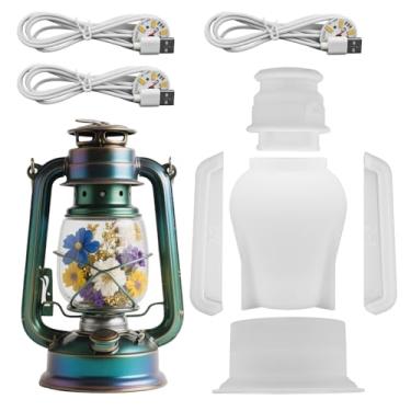 Imagem de Conjunto de Moldes Resina para Candeeiro a Petróleo, Silicone Moldes Lanterna Furacão com 3 Luzes LED Molde Candeeiro a Querosene para Fundição de Resina Epóxi Mesa Decoração Casa