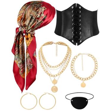 Imagem de Conjunto de acessórios de fantasia de pirata para mulheres, cachecol de cabeça de pirata, remendo para os olhos, espartilho medieval, brinco de aço inoxidável, colar completo, fantasia de pirata, kit