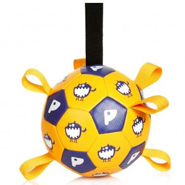 Imagem de Race&Herd Brinquedos para cães, bola de futebol com tiras, bola de pastoreio com alças, brinquedos interativos para cães para cabo de guerra. Presentes de aniversário de filhotes, bolas duráveis, copa