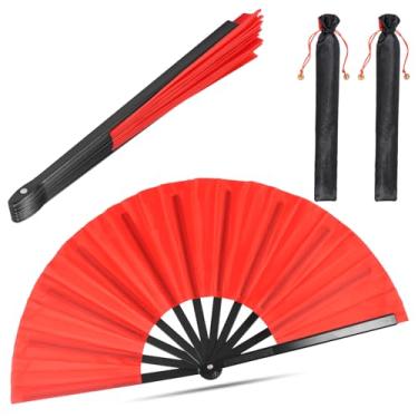 Imagem de 2 peças de leque dobrável à mão para homens e mulheres, ventilador dobrável resistente e requintado com manga de suporte, decoração de casa para festa de dança festival ZJMCAJY (gules, 2)