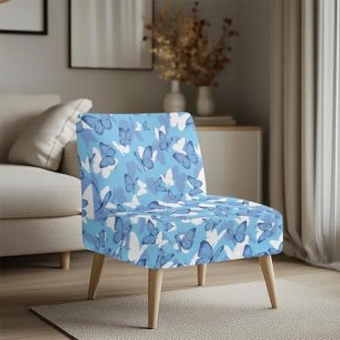 Imagem de Cugasmaru Capa de cadeira sem braços, azul borboleta, sem braços, para sala de estar, tecido elástico, elastano, capa de seda antiderrapante para cadeiras de destaque sem braços