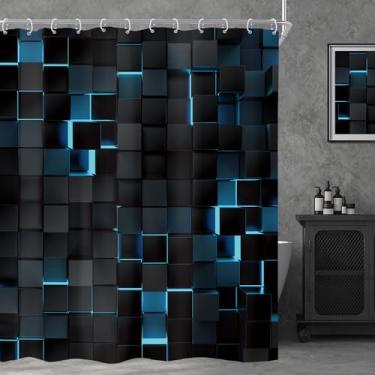 Imagem de Riyidecor Cortina de chuveiro azul preta 182 cm L x 192 cm A abstrata tijolo marinho 3D parede gradiente designer futurista cubos modernos geométricos xadrez legal decoração de banheiro tecido