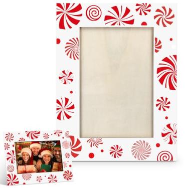 Imagem de Jetec Porta-retrato de Natal, 10 x 15 cm, moldura de madeira, decoração de mesa, presente festivo de Natal para amigos da família, decorações vintage para prateleira de festa em casa (doces vermelhos)