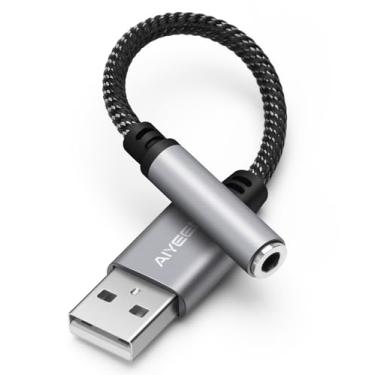 Imagem de AIYEEN Cabo adaptador de áudio USB para fêmea de 3,5 mm, trançado de nylon 15 cm USB macho para conector auxiliar conversor estéreo com chip de alta resolução, Plug & Play, para fones de ouvido