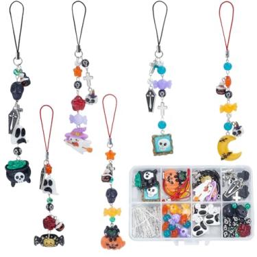 Imagem de SUNNYCLUE 1 caixa de 122 peças DIY 6 conjuntos de berloques de telefone kit de fabricação de berloques de telefone Halloween alça preta abóbora fantasma caveira caixão pingentes contas doces para