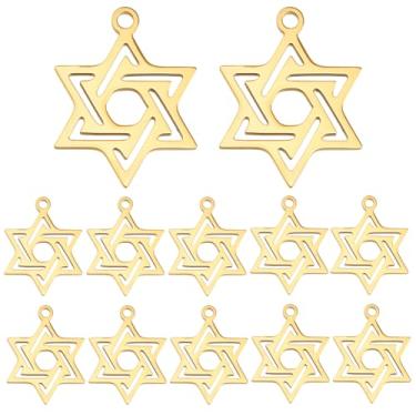 Imagem de HOBBIESAY Pingentes de estrela de Davi de aço inoxidável cirúrgico 316L banhado a ouro 18 K minúsculos seis pontas pingentes hexagrama estrelas judias pingentes para mulheres orifício de fabricação de