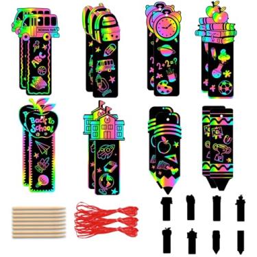 Imagem de 24 Pcs Welcome Back to School Scratch Paper Art Kit | Rainbow Magic Scratch Off Cards Bus Books Pencils Pattern DIY Drawing Paper for Classroom Activity First Day of School Gifts