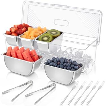 Imagem de Organizador grande para servir condimentos gelados com 5 compartimentos removíveis de aço inoxidável, bandeja de enfeite de plástico transparente com tampa, 5 garfos e 2 pinças, frutas, salada, taco