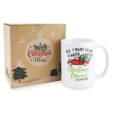 Imagem de Caneca de café de Natal, caneca de café de feriado " All l Want to Do Is Watch Christmas Movies All Day Long", canecas divertidas de Natal da filha, esposa e filho – Caneca de Natal do filme, 443 ml