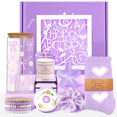 Imagem de Presentes de aniversário para meninas adolescentes, mulheres, presentes de Natal fofos para adolescentes irmã amiga filha namorada sobrinha, cesta de presente roxa copo de vidro com canudo para 14 15
