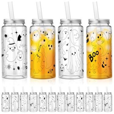Imagem de Roshtia 24 peças de copos de plástico de Halloween a granel 382.7 g Ghost Halloween Spooky Bats Tumbler com tampas e canudos, caneca de café reutilizável de abóbora para chá, cacau quente, férias, boo