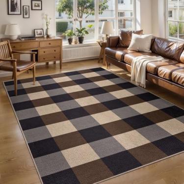 Imagem de Tangsoo Tapete de juta xadrez preto e marrom, tapete lavável de 10 x 15 cm para quarto, tapete antiderrapante para ambientes internos e externos