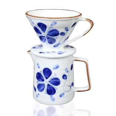 Imagem de PUNNIO Conjunto de gotejador de café de cerâmica, coador de café de porcelana para 1 a 4 xícaras, V60 (branco e azul)