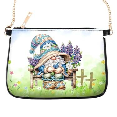 Imagem de antor Bolsa tiracolo de corrente de pintura de diamante DIY, linda estampa de gnomo e lavanda feita à mão couro PU cristal strass arte diamante arte bolsa de ombro fantasia DIY kit de artesanato para