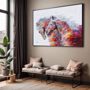 Imagem de Quadro com Moldura Sala Quarto Cavalo Colorido Decorativo Horizontal Grande Hall