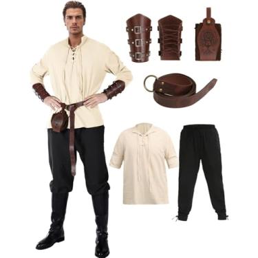 Imagem de KUGVDI Fantasia renascentista masculina medieval conjunto de fantasia viking masculina Halloween acessórios de fantasia renascentista (Cáqui, P)