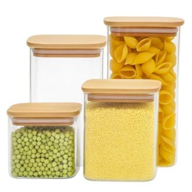 Imagem de Kit Pote Hermético Vidro Tampa Bambu Quadrado Porta Mantimentos Grande Arroz Feijão Macarrão Cozinha(KIT 3 POTES 1400ML)