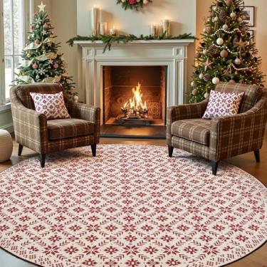 Imagem de jinchan Tapete de Natal redondo de malha para sala de jantar 2,4 m Círculo Vermelho Tapete de Natal para sala de estar Clássico Floco de Neve Impresso Tapete Interior Macio para Quarto Lavável
