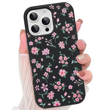 Imagem de AIGOMARA Capa para iPhone 16 Pro Max, linda estampa floral rosa, capa protetora de couro antiarranhões à prova de choque para mulheres e meninas, preta