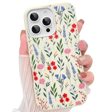 Imagem de AIGOMARA Capa para iPhone 16 Pro, linda estampa de flores florais, capa protetora de couro antiarranhões de camada dupla à prova de choque para mulheres e meninas, branca
