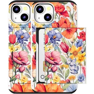 Imagem de MUQR Capa compatível com iPhone 15 com porta-cartão fofo - Design Kawaii, proteção contra quedas de grau militar, capa carteira robusta para mulheres (flor de hibisco botânico branco)